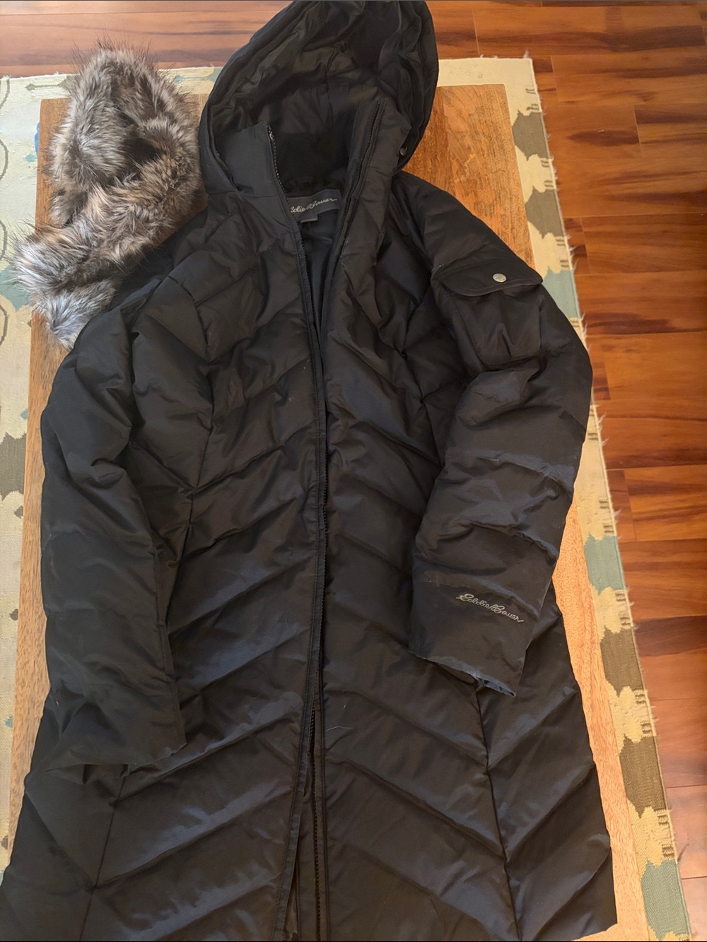 Eddie Bauer Black Long Hooded Quilted Coat with Faux Fur Hood Trim